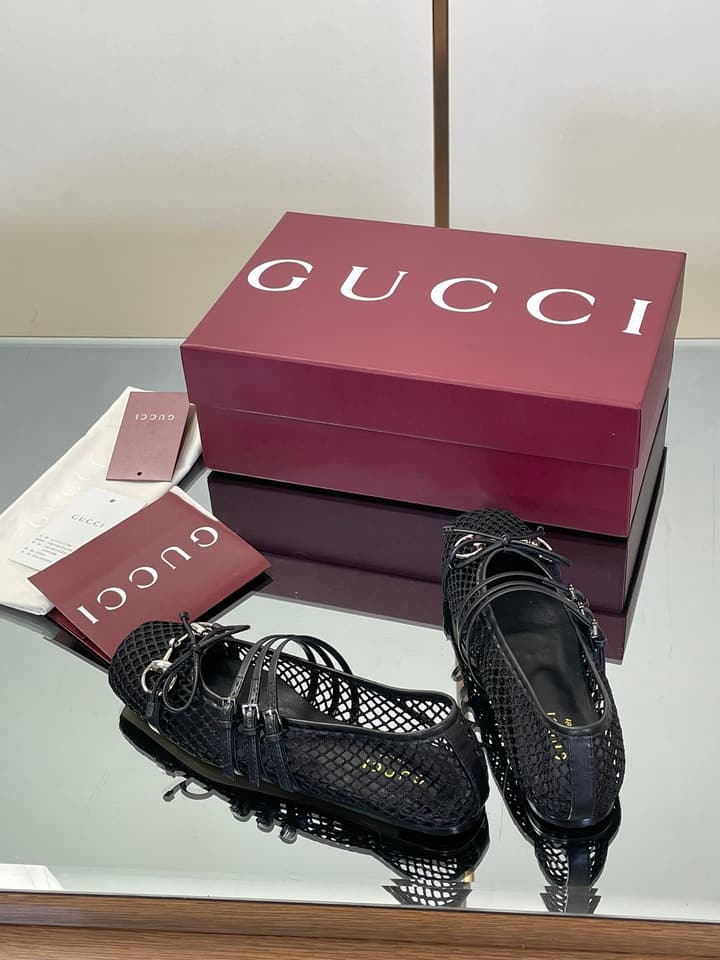 Gucci Horsebit Mesh Square-Toe Ballerina Flats – 25FW in Black Mesh