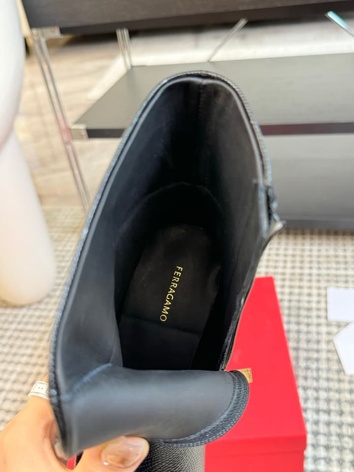 Ferragamo Pointed Toe Chunky Heel Ankle Boots – Autumn/Winter Collection in Black Patent