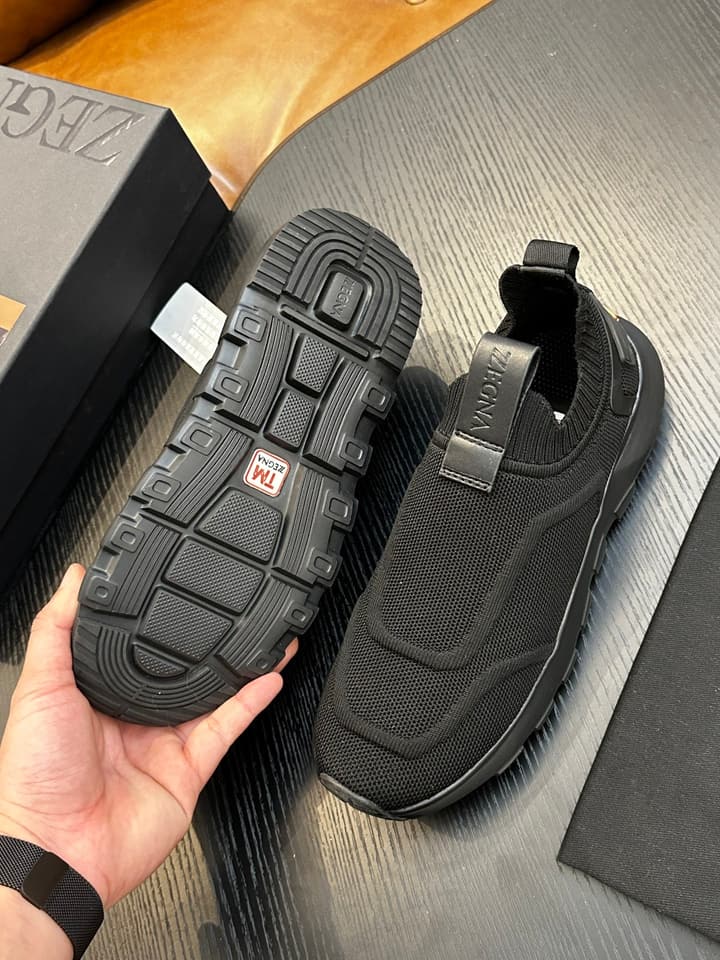 Zegna Techmerino Slip-On Sneakers in Dark Navy With Green Accent