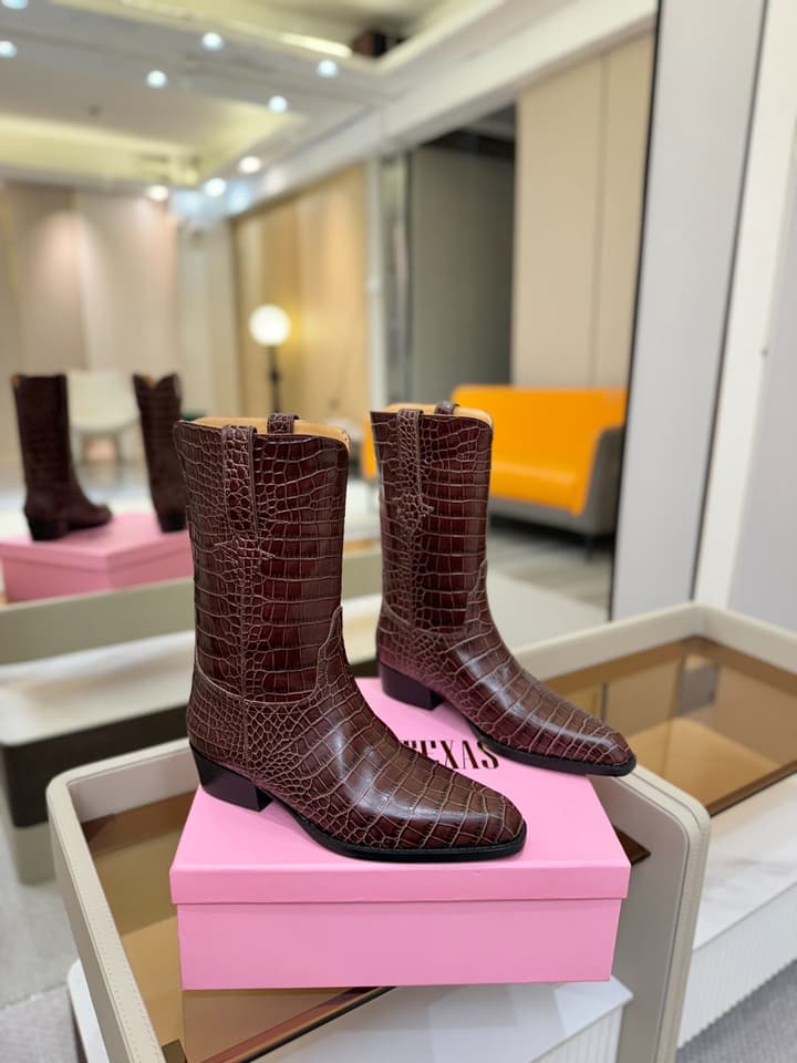 Paris Texas Crocodile Embossed Western Ankle Boots in Chocolate Croc