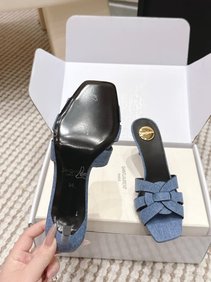 Saint Laurent Melody Square-Toe Heeled Sandals – 2026 Spring/Summer Collection in Beige Patent