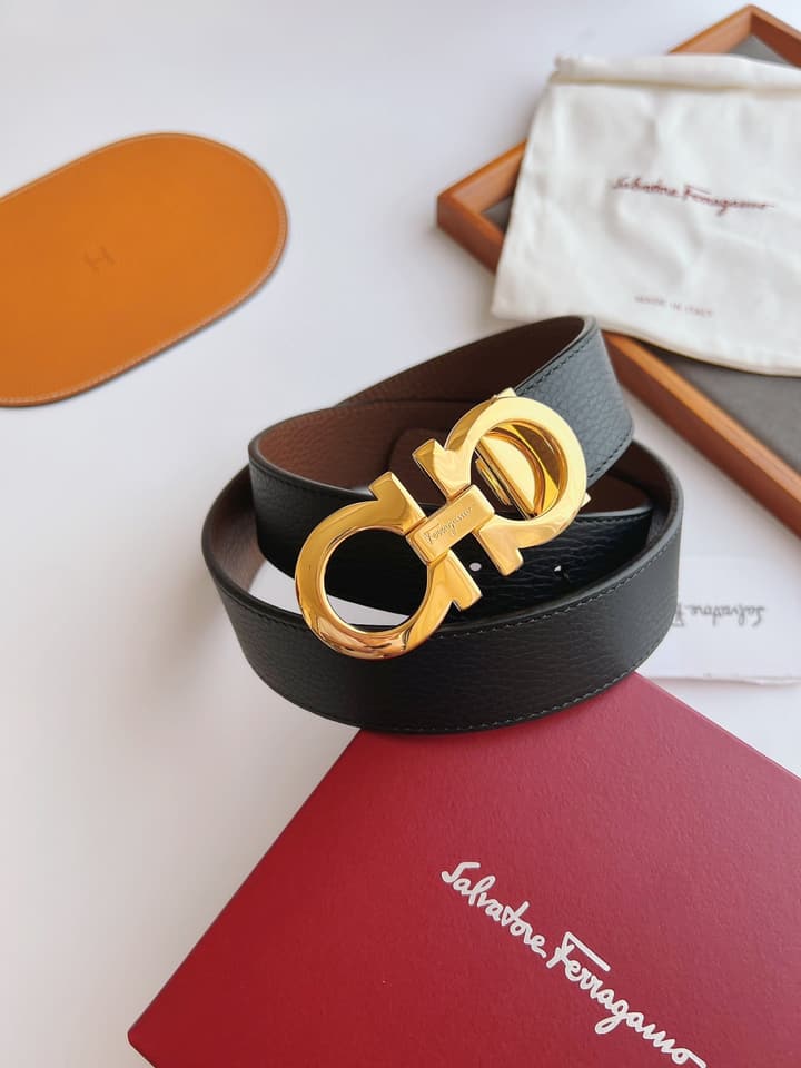 Ferragamo Men's Reversible Leather Belt in Black/brown Reversible With Gold Buckle