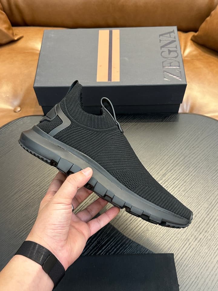 Zegna Techmerino Slip-On Sneakers in Dark Navy With Green Accent