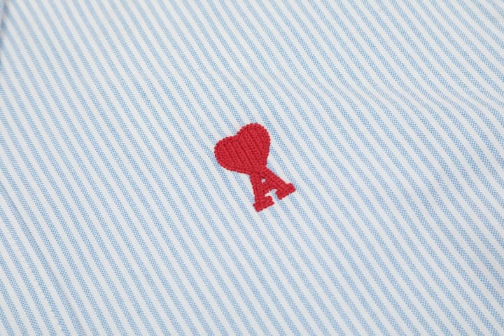 AMI Paris Small Heart Embroidered Striped Long Sleeve Shirt in Blue Stripe