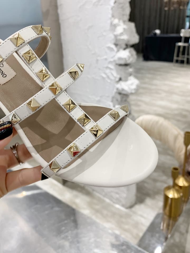 Valentino Rockstud Classic Block Heel Sandals in Nude With Gold Studs