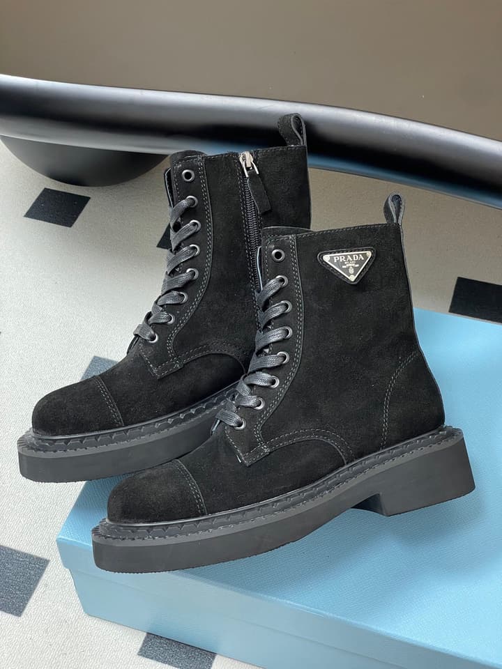 Prada Triangle Logo Combat Boots – 25SS in Black Suede