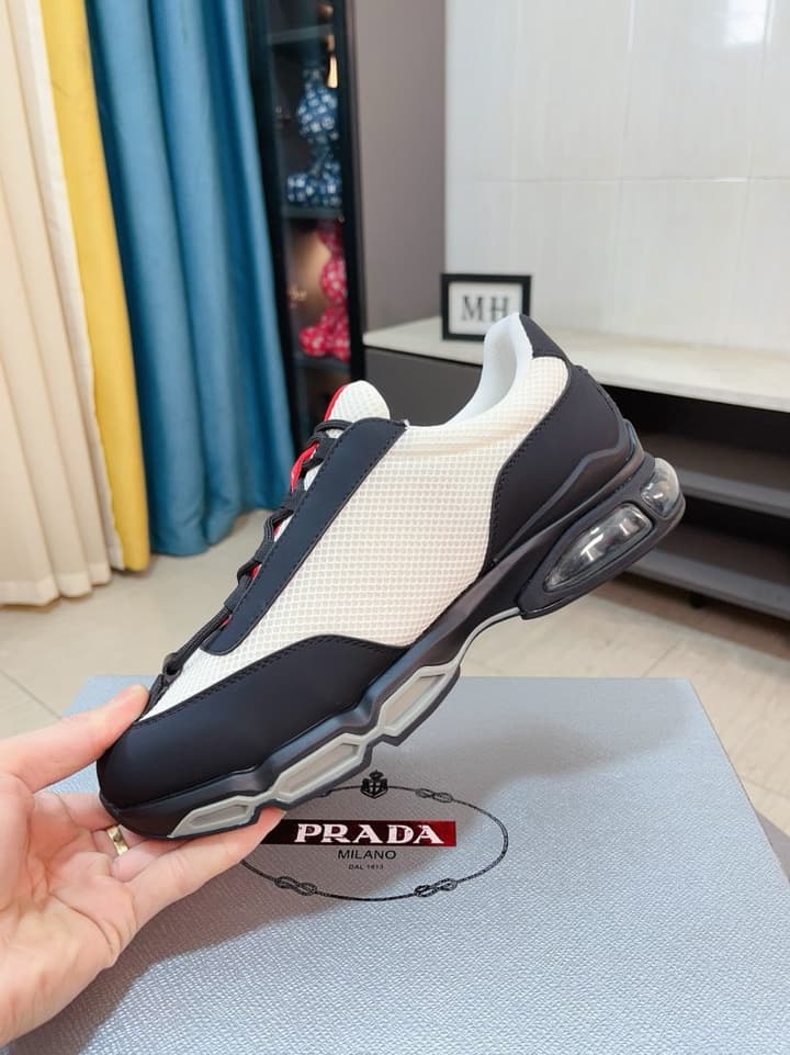 Prada Men's Air Cushion Sneakers in Cream And Black Panel