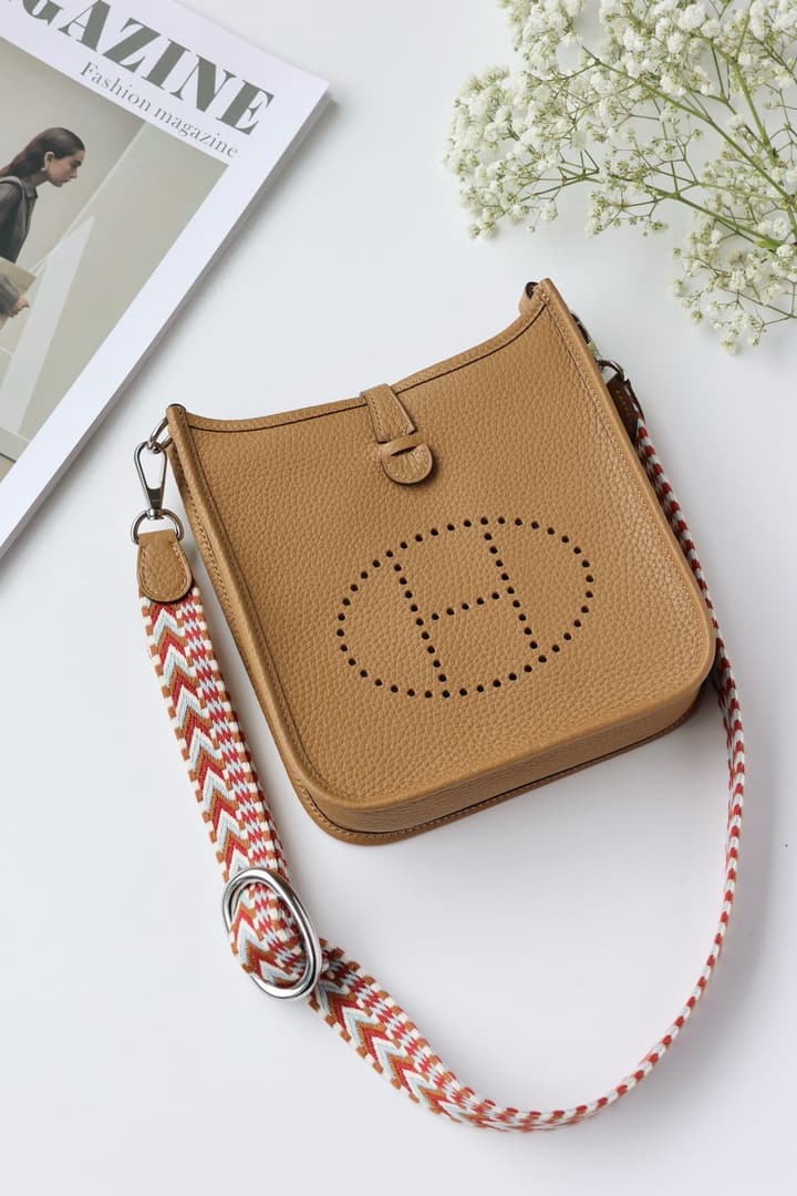 Hermès Mini Evelyne TPM – Biscuit with Colorful Strap in Biscuit With Colorful Strap