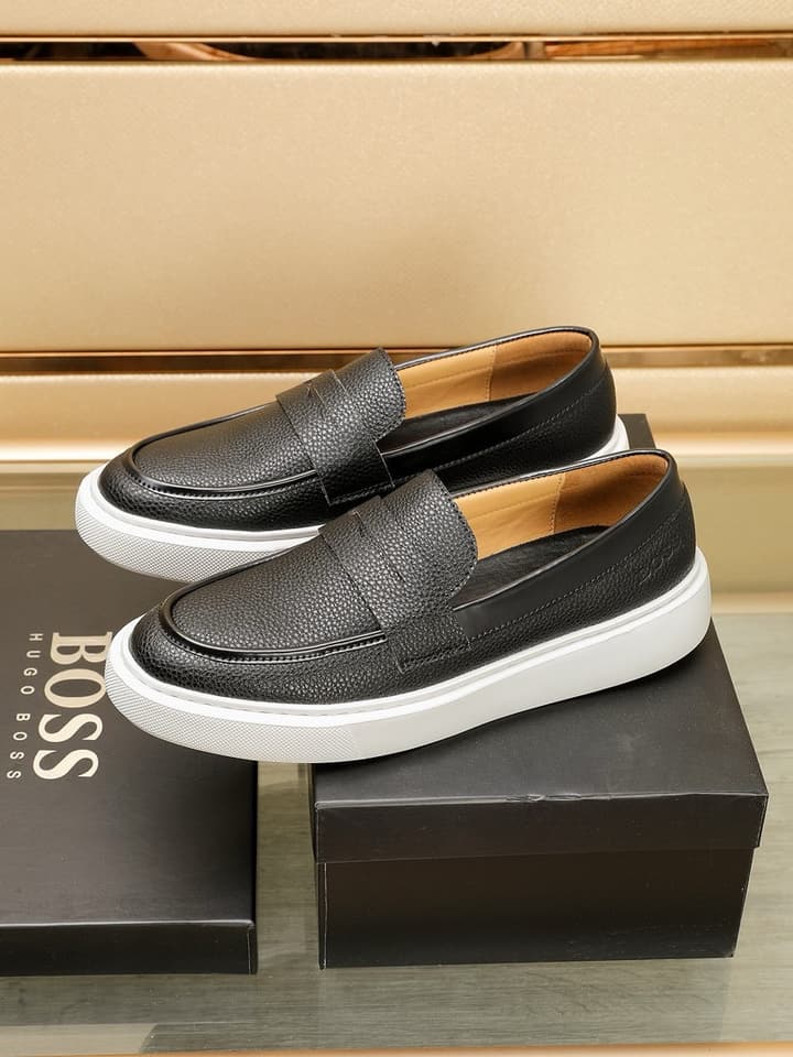 Boss Men's Luxury Leather Slip-On Loafers in Black Smooth Leather