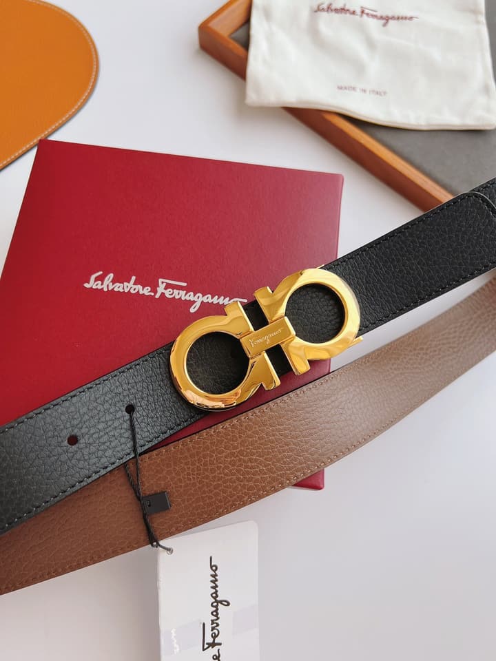 Ferragamo Men's Reversible Leather Belt in Black/brown Reversible With Gold Buckle