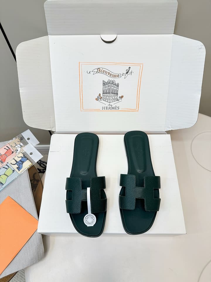 Hermès Palm Grain H-Slides in Bright Green