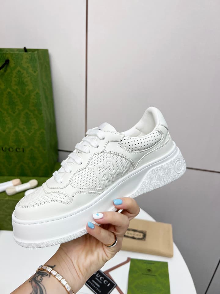 Gucci Chunky Lightweight Platform Sneakers in White Embossed Leather Sneaker