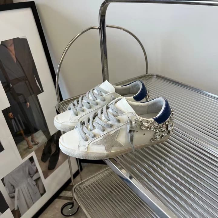 Golden Goose Superstar Diamond Tail Sneakers – 2023 Autumn/Winter in Distressed White With Royal Blue Rhinestone Heel