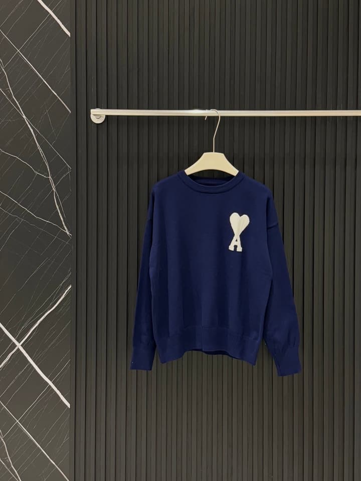 AMI Paris Heart Letter Knit Sweater in Deep Navy Blue