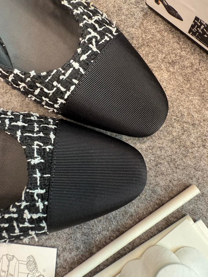 Chanel Classic Slingback Heels in Bright Black And White Tweed