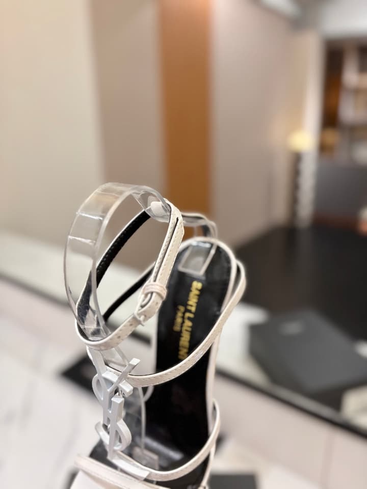 Saint Laurent YSL Logo Mirror Leather Heeled Sandals in Black With Black Logo