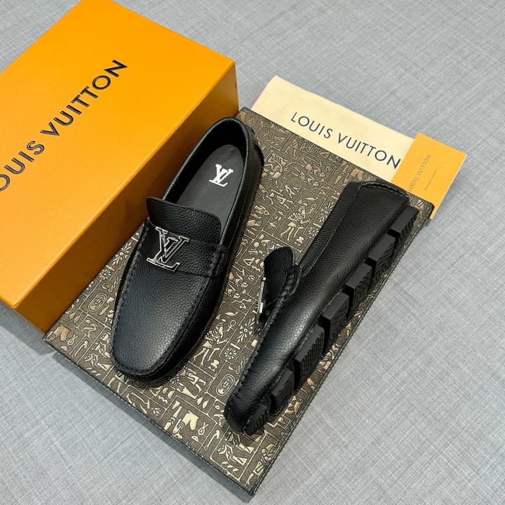 Louis Vuitton Men's Grained Leather Driving Shoes in Dark Gunmetal Hardware