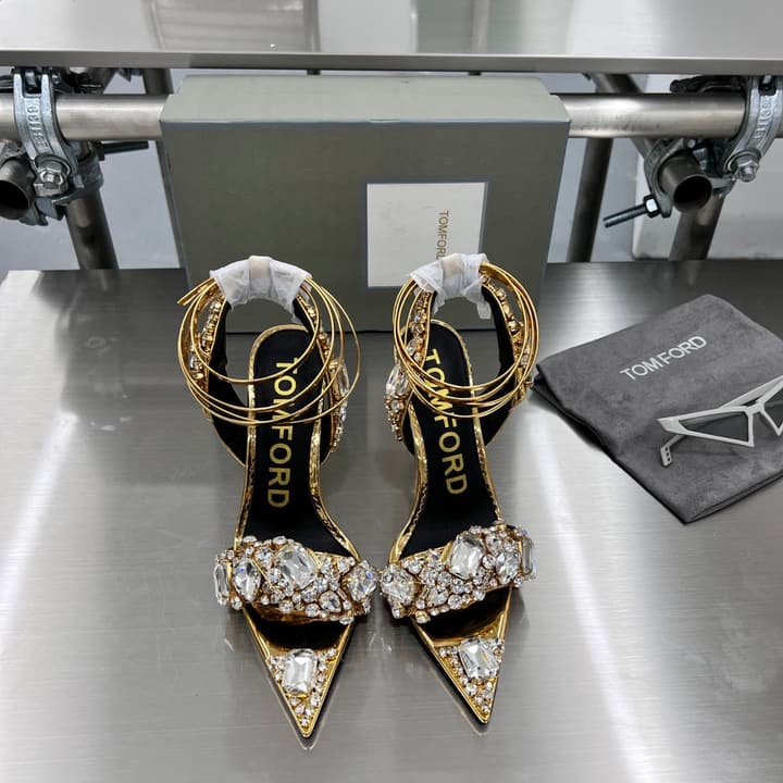 Tom Ford Gold Crystal Heeled Sandals in Metallic Gold