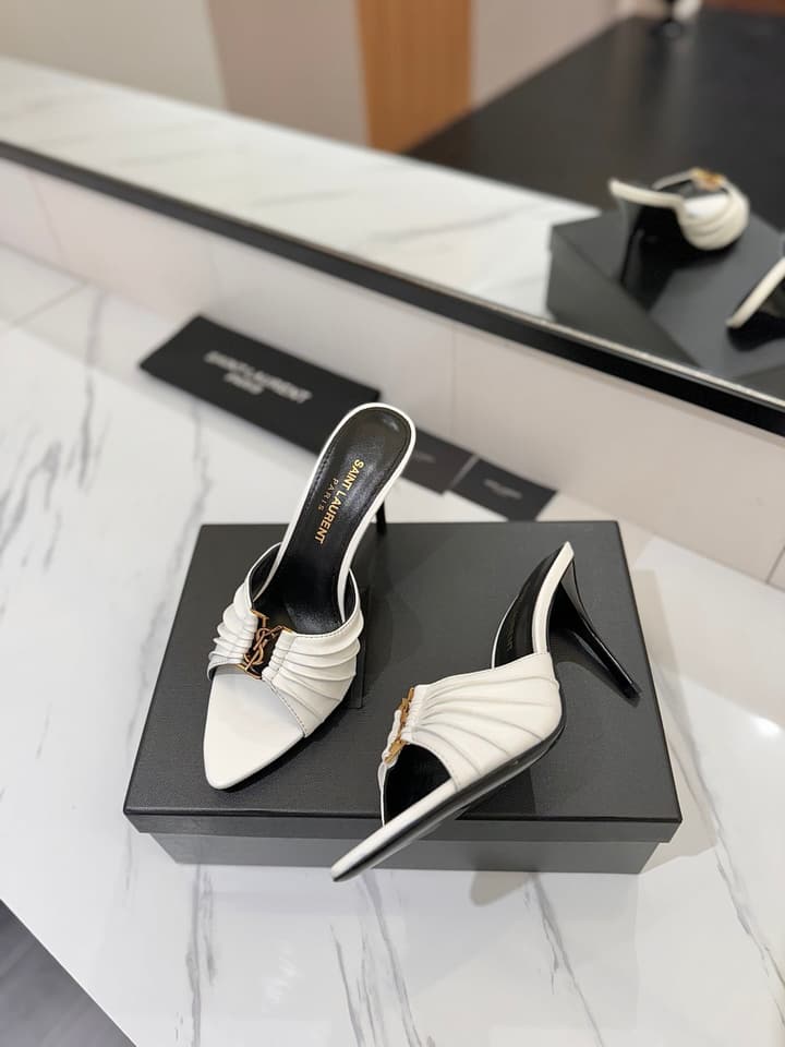 Saint Laurent Crystal Chain Heeled Sandals – 2025 Spring/Summer Collection in Beige