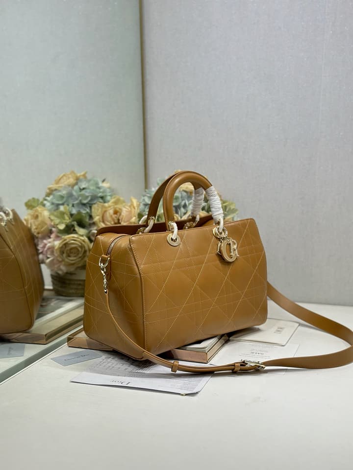 Dior Lady Dior Large Tote Bag in Dark Cognac With Gold Hardware