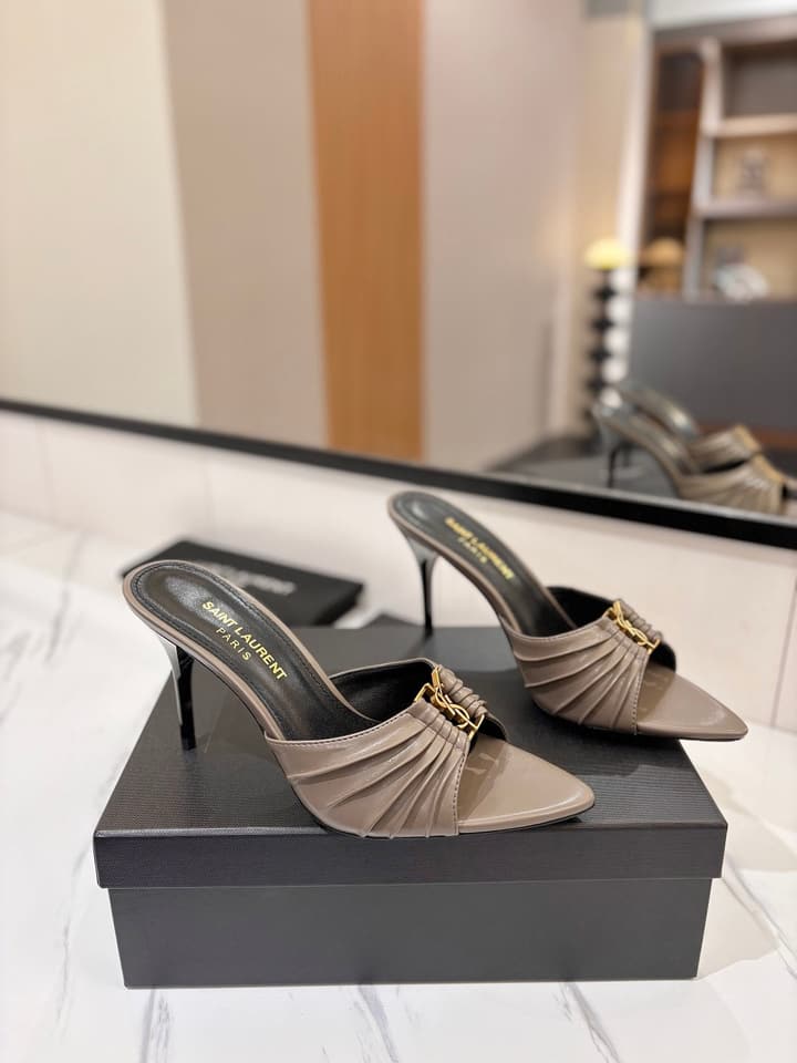Saint Laurent Crystal Chain Heeled Sandals – 2025 Spring/Summer Collection in Beige