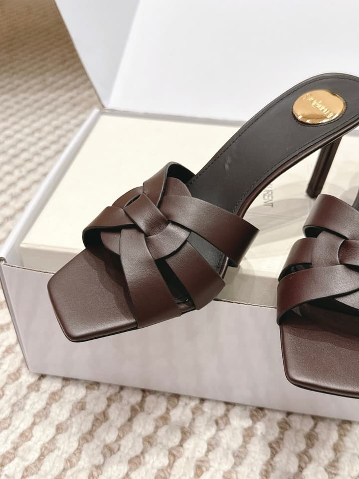 Saint Laurent Melody Square-Toe Heeled Sandals – 2026 Spring/Summer Collection in Beige Patent
