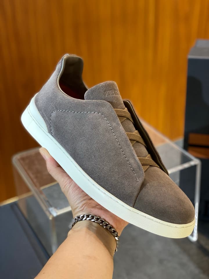 Zegna Triple Stitch Leather Sneakers in Black Smooth Leather