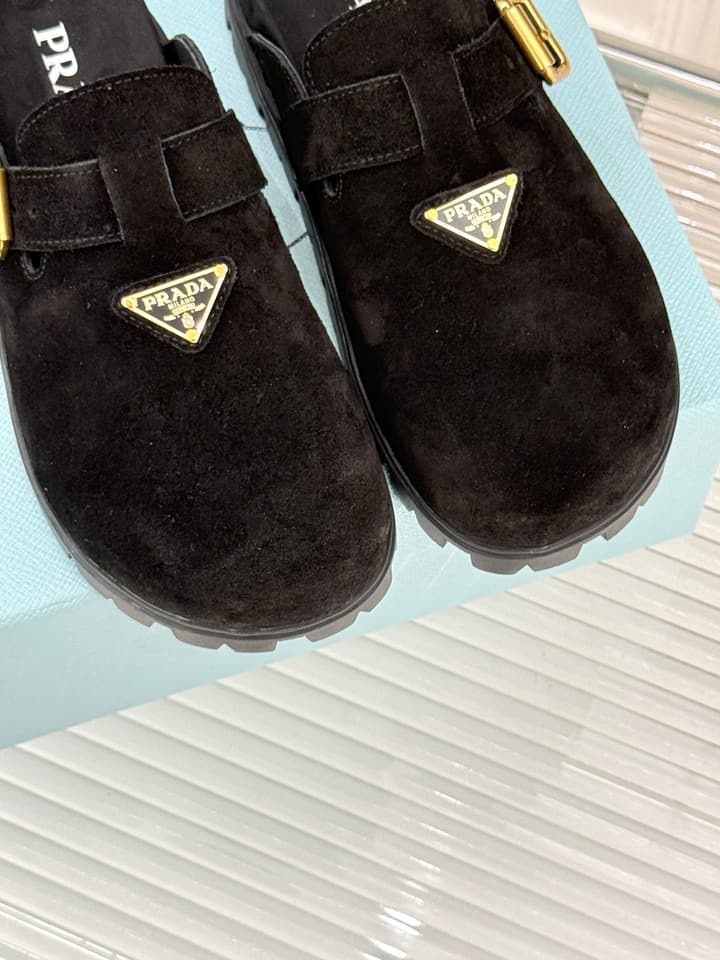 Prada Triangle Logo Birkenstock Slippers – Spring/Summer Collection in Black Suede