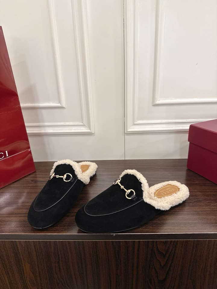 Gucci Princetown Merino Wool Mules in Black Suede With Silver Hardware