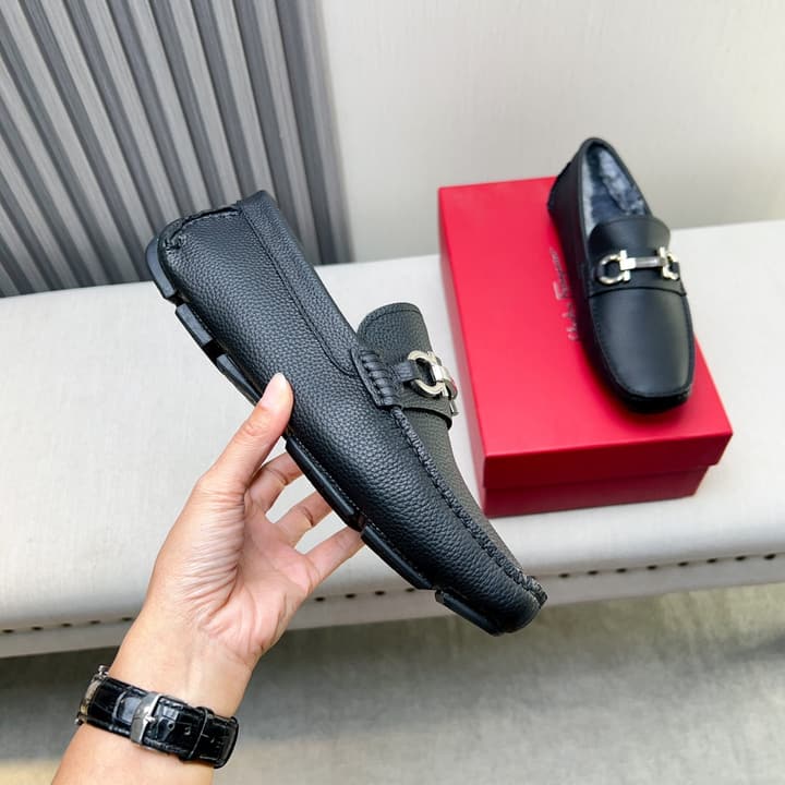Ferragamo Imported Cowhide Fur-Lined Loafers in Black Patent Leather