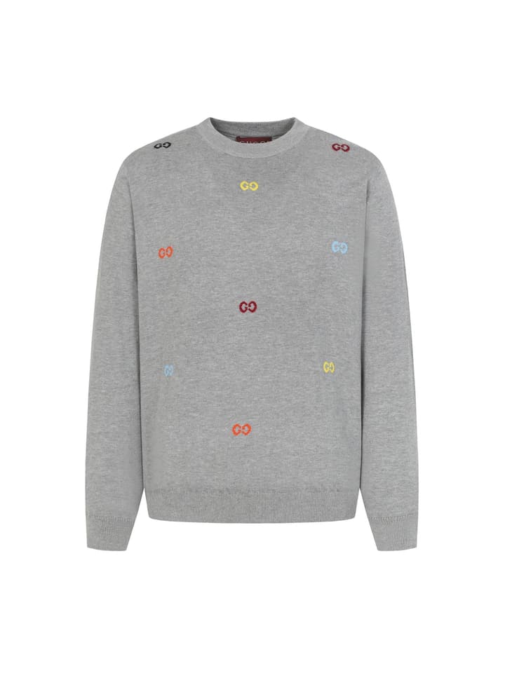 Gucci Colorful Double G Intarsia Knit Sweater in Heather Gray Multi-color Gg Knit