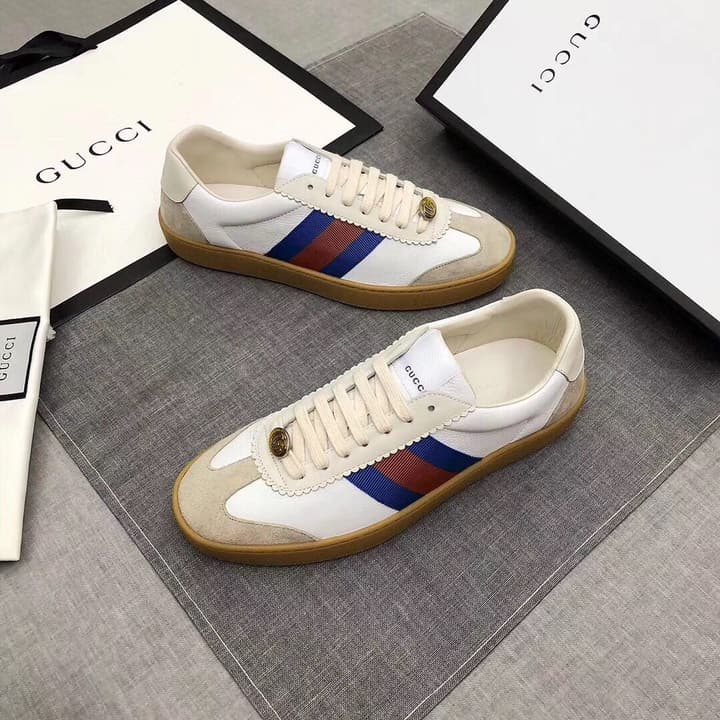 Gucci High-End Casual Leather Sneakers in White Pearlescent With Web Stripe