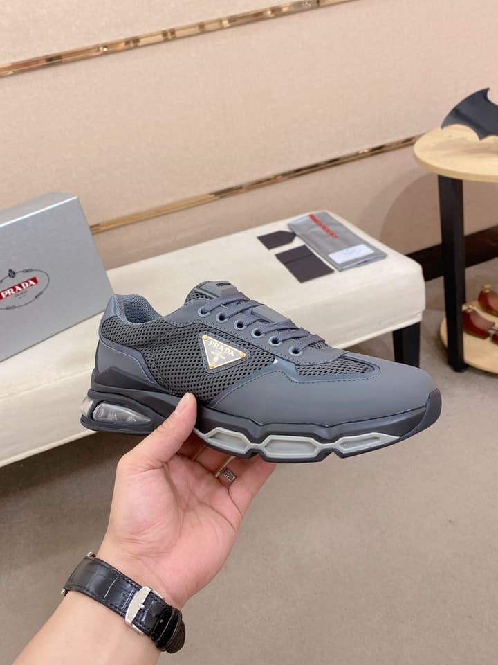Prada Men's Leather Mesh Sneakers – New Collection in Light Grey With White Logo