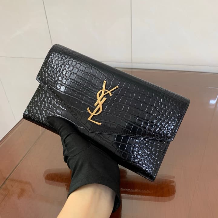 Saint Laurent Uptown Crocodile Embossed Long Wallet in Black Crocodile Embossed