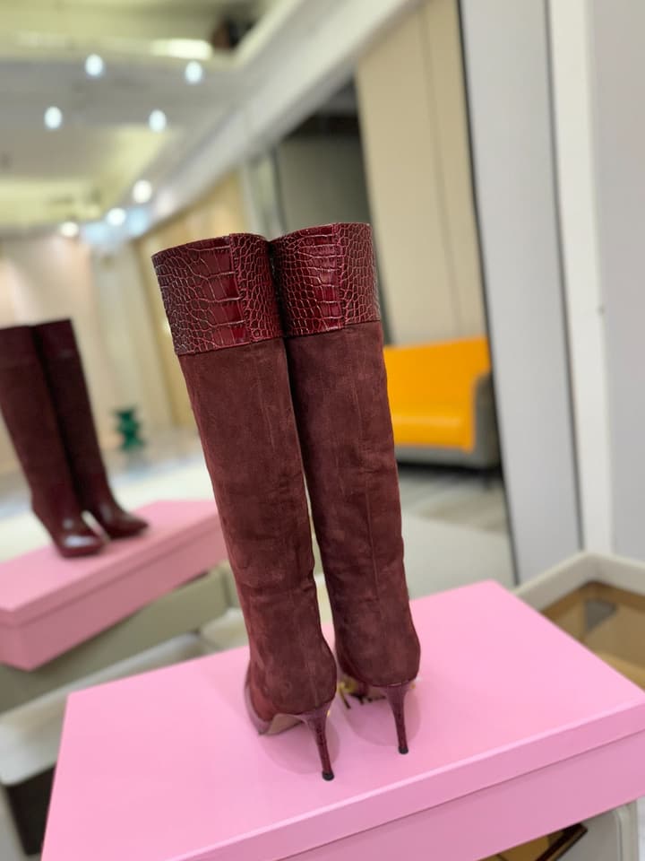 Paris Texas Crocodile Embossed Stiletto Knee-High Boots in Black Suede And Leather