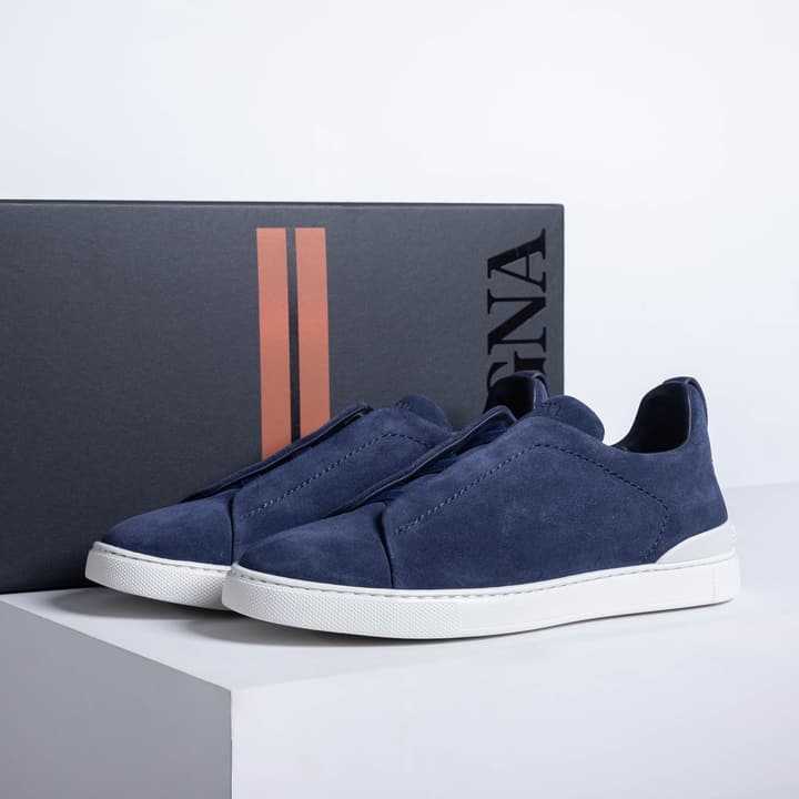 Zegna SECONDSKIN Triple Stitch Low-Top Sneakers in Navy Smooth Leather