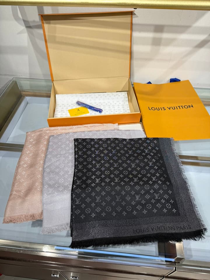 Louis Vuitton Classic Monogram Silk Wool Shawl in Beige