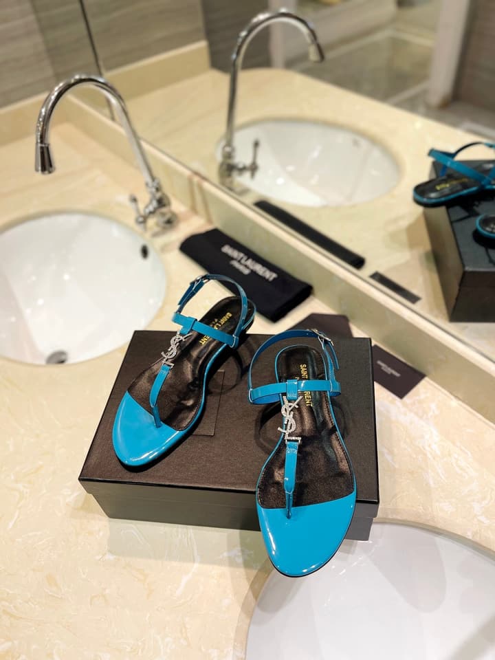 Saint Laurent Beautiful Siren Flat Sandals in Bright Blue
