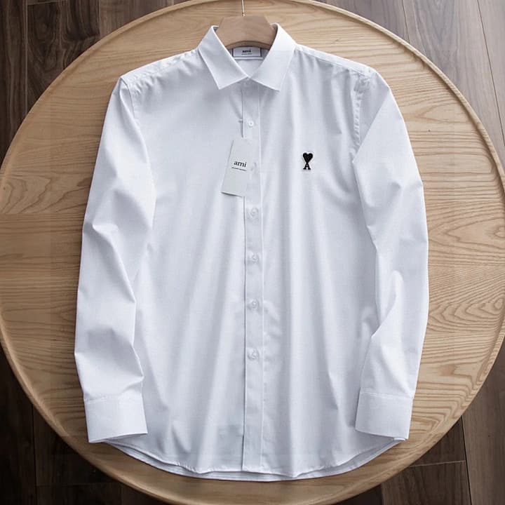 AMI Paris Ami de Coeur Long Sleeve Shirt – Autumn Collection in White Shirt / Black Heart