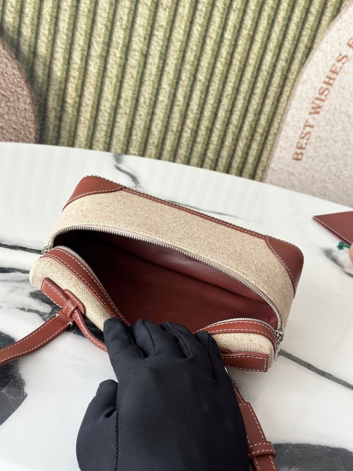 Loro Piana L19 Canvas Crossbody Bag – Spring/Summer Resort Collection in Beige Canvas With Burgundy Trim