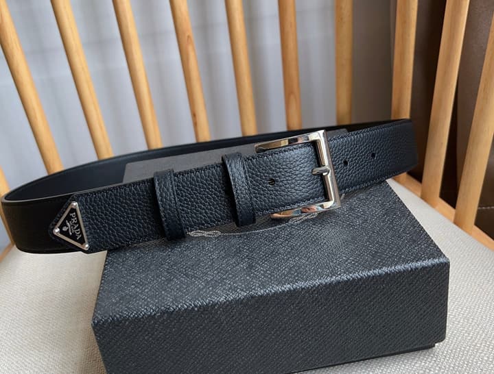 Prada Leather Belt with Triangle Logo in Black Leather Gold Buckle