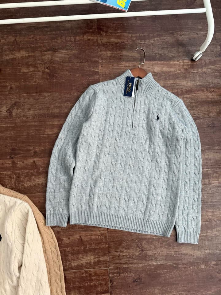 Ralph Lauren Half-Zip Cable Knit Sweater in Khaki