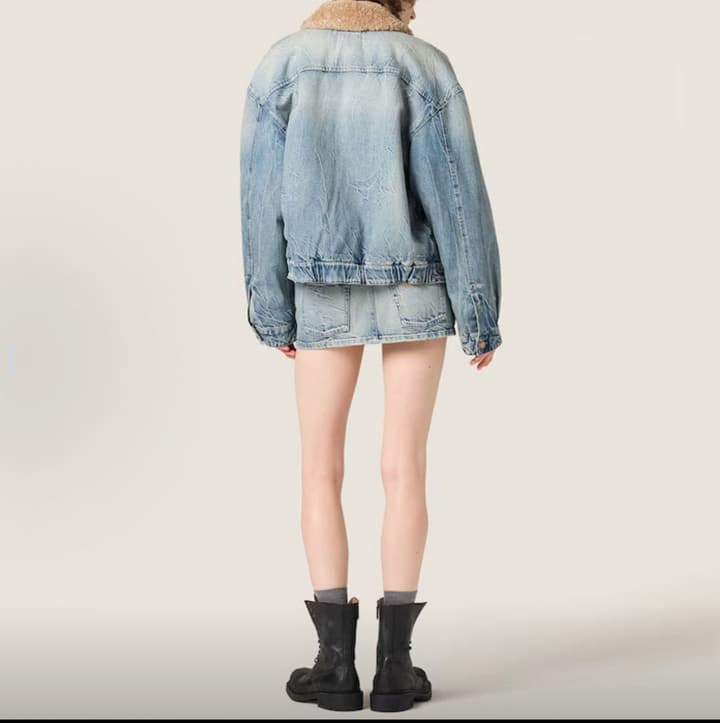 Miu Miu Washed Lambswool Embroidered Denim Jacket in Light Washed Denim With Tan Shearling