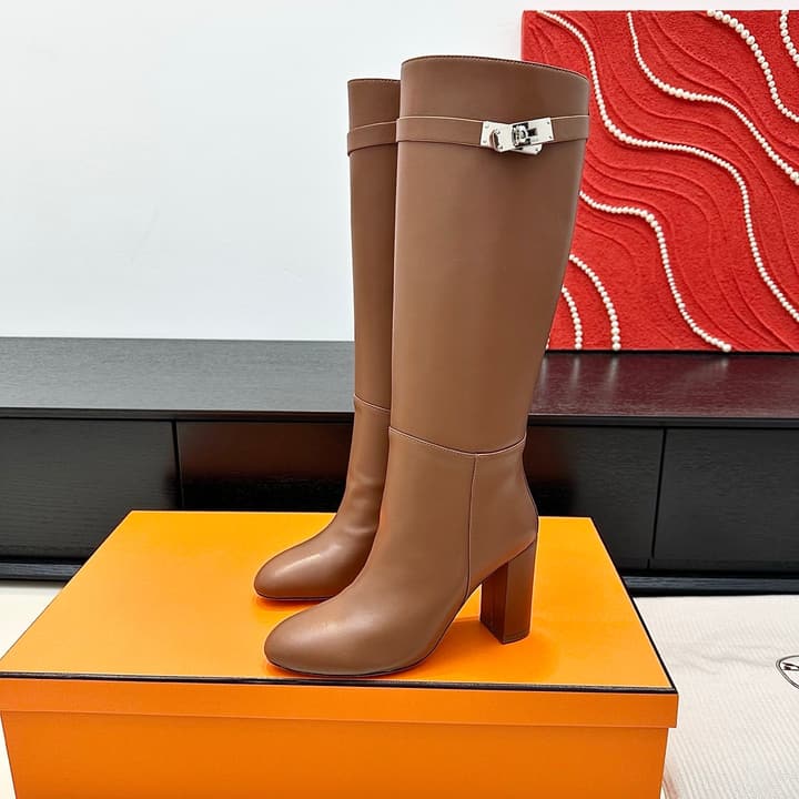 Hermès Kelly Buckle High Heel Knee-High Boots in Black Leather