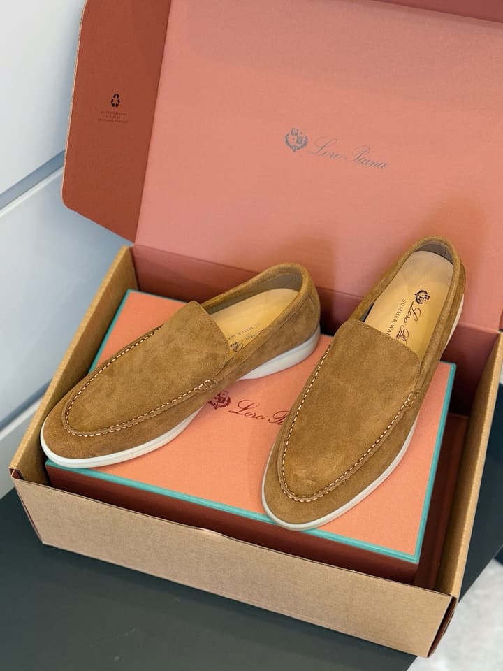 Loro Piana Italian Handmade Suede Loafers in Camel Brown Suede