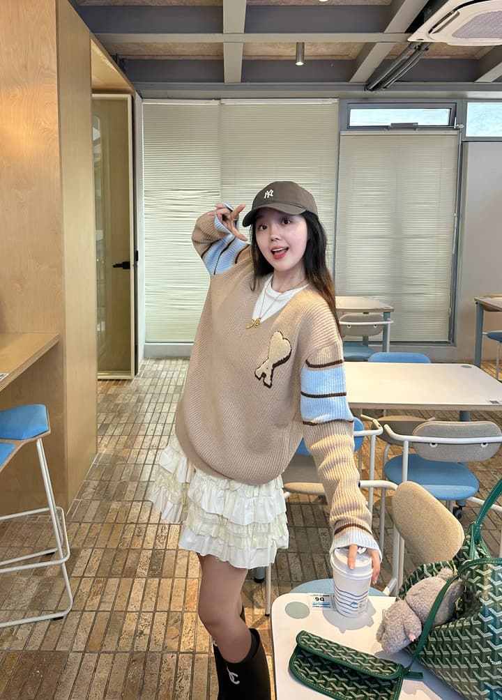 AMI Paris Classic Heart Logo V-Neck Knit Sweater in Khaki Brown With Striped Sleeves