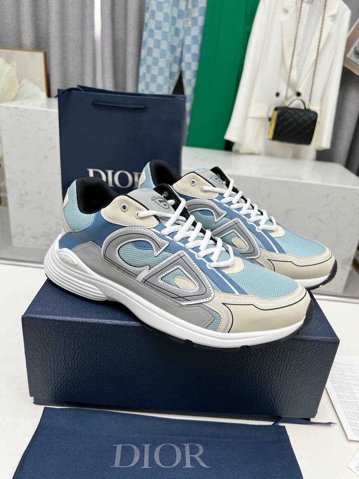 Dior B30 Unisex Mesh and Leather Sneakers in Navy Blue And Grey