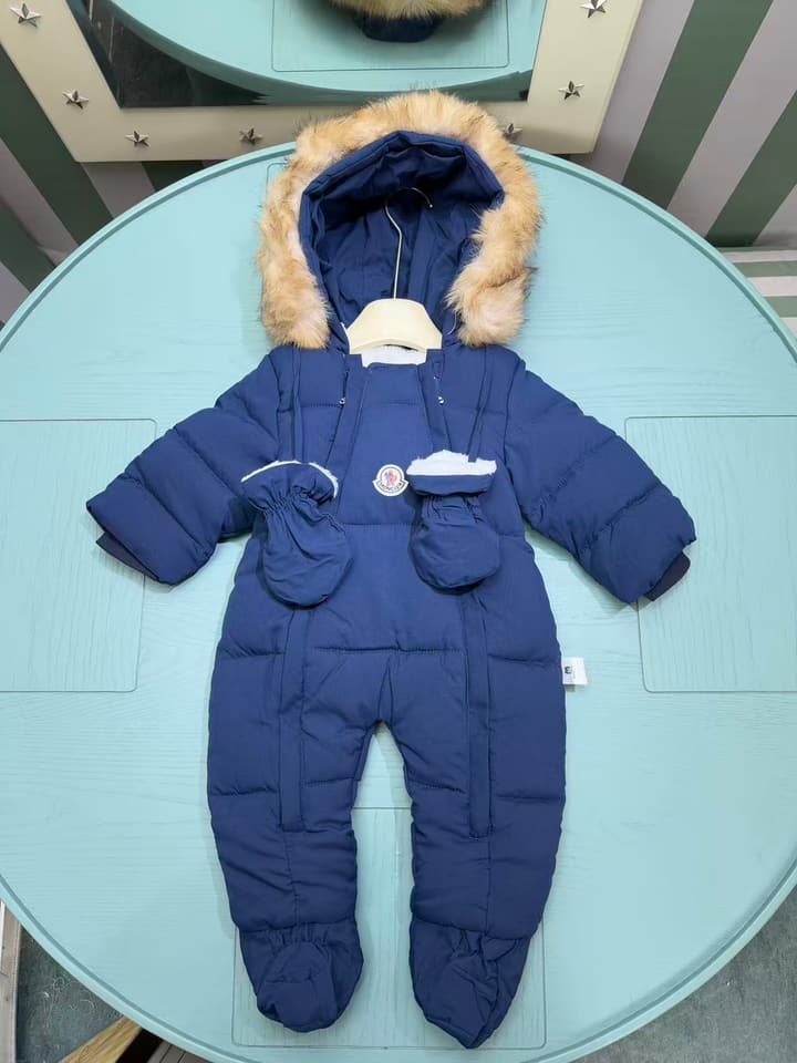Moncler Classic Infant Padded Romper – 2025FW in Deep Blue With Fur Trim