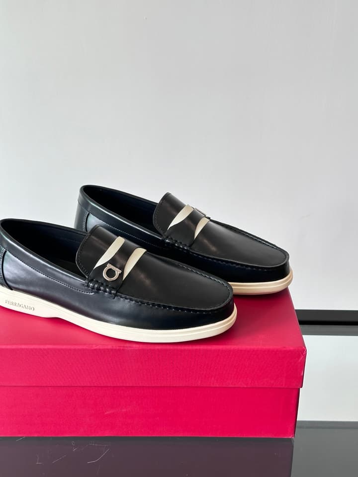 Ferragamo Men's Imported Calfskin Driving Shoes in Classic Black Leather