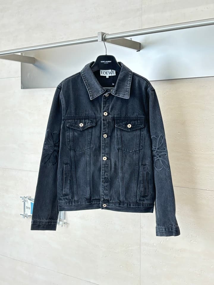 Loewe Embroidered Washed Distressed Denim Jacket in Washed Black